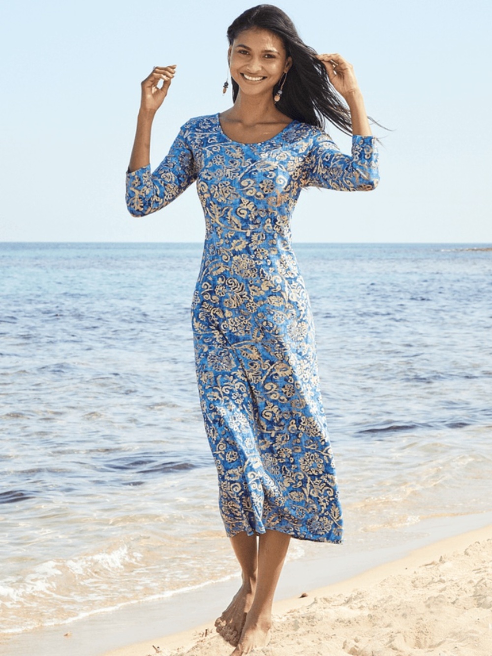 Peruvian Connection Ravello Blue/Cream Floral Midi Dress Size L